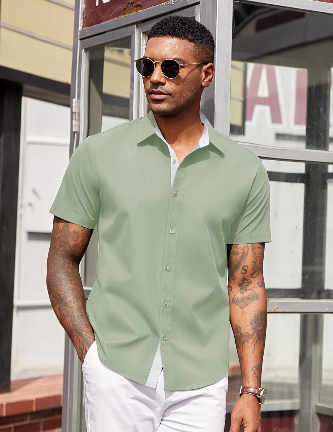 imageCOOFANDY Mens Short Sleeve Button Down Shirts Casual Summer Dress Untucked ShirtsLight Green