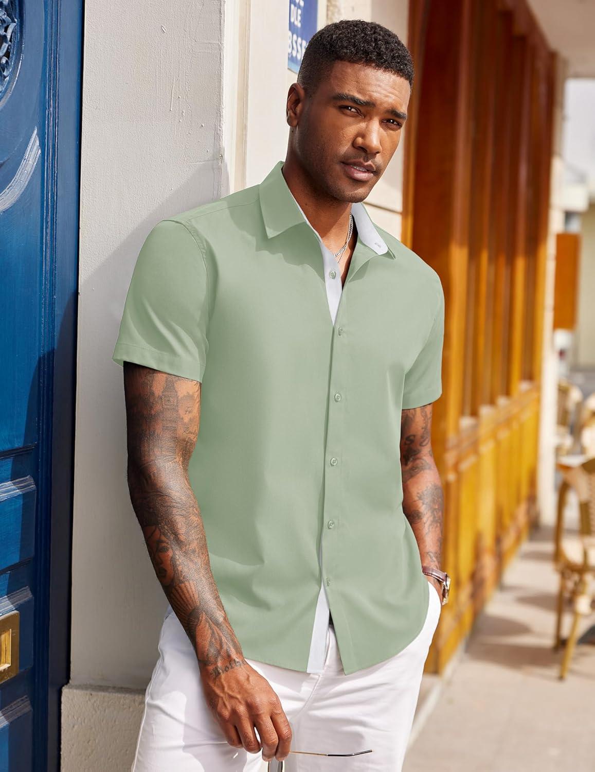 imageCOOFANDY Mens Short Sleeve Button Down Shirts Casual Summer Dress Untucked ShirtsLight Green