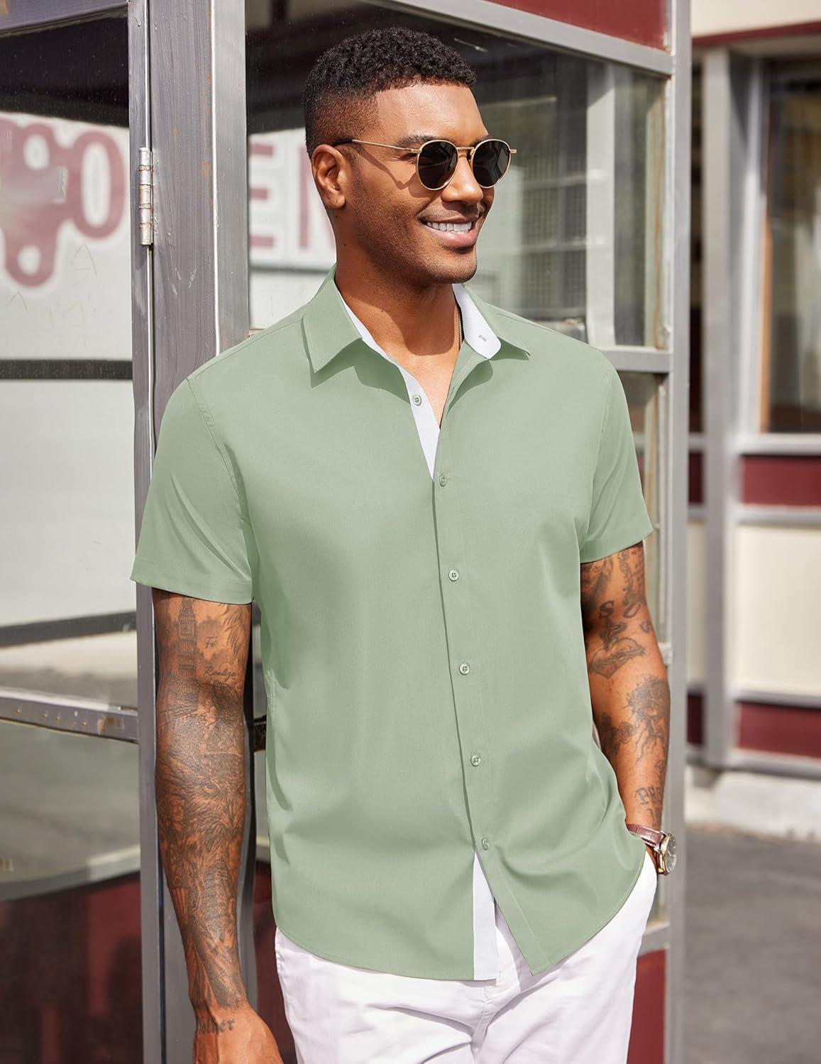 imageCOOFANDY Mens Short Sleeve Button Down Shirts Casual Summer Dress Untucked ShirtsLight Green