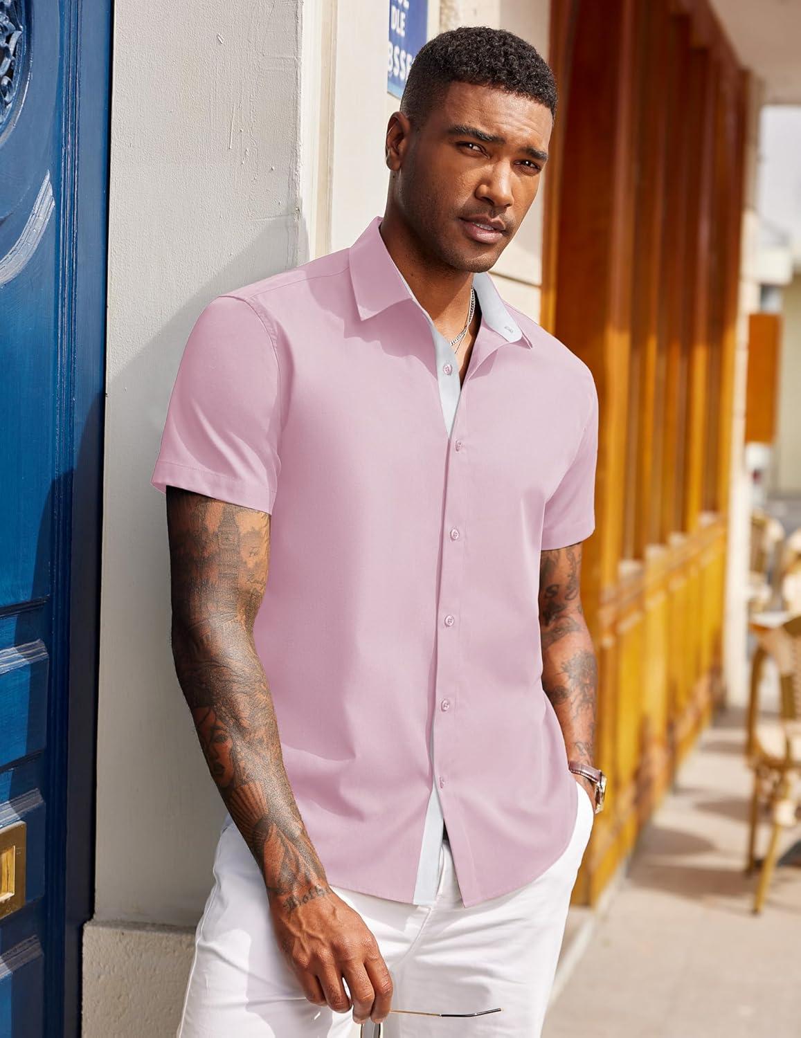 imageCOOFANDY Mens Short Sleeve Button Down Shirts Casual Summer Dress Untucked ShirtsLight Pink