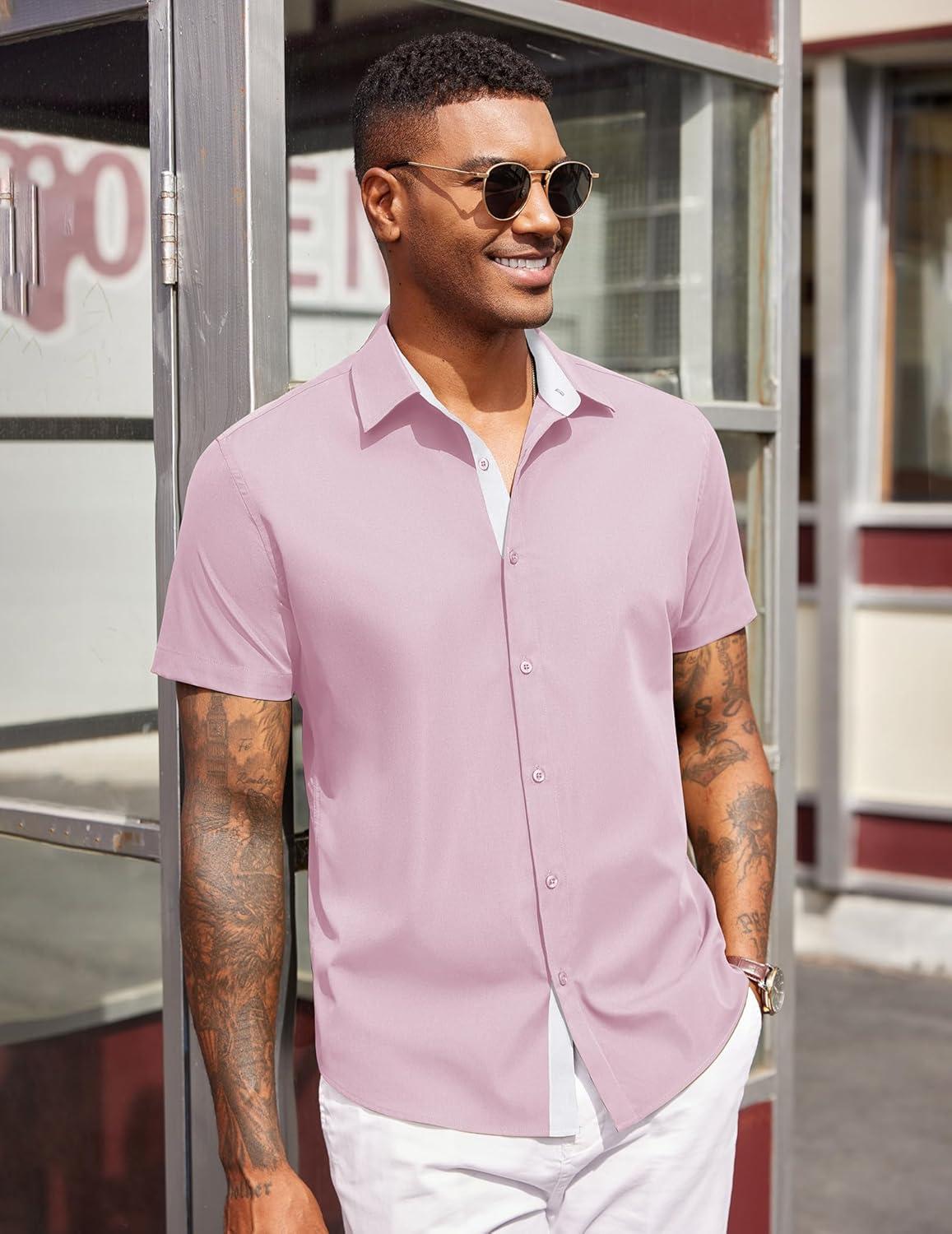 imageCOOFANDY Mens Short Sleeve Button Down Shirts Casual Summer Dress Untucked ShirtsLight Pink