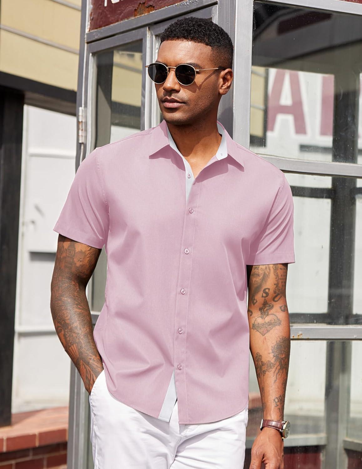 imageCOOFANDY Mens Short Sleeve Button Down Shirts Casual Summer Dress Untucked ShirtsLight Pink