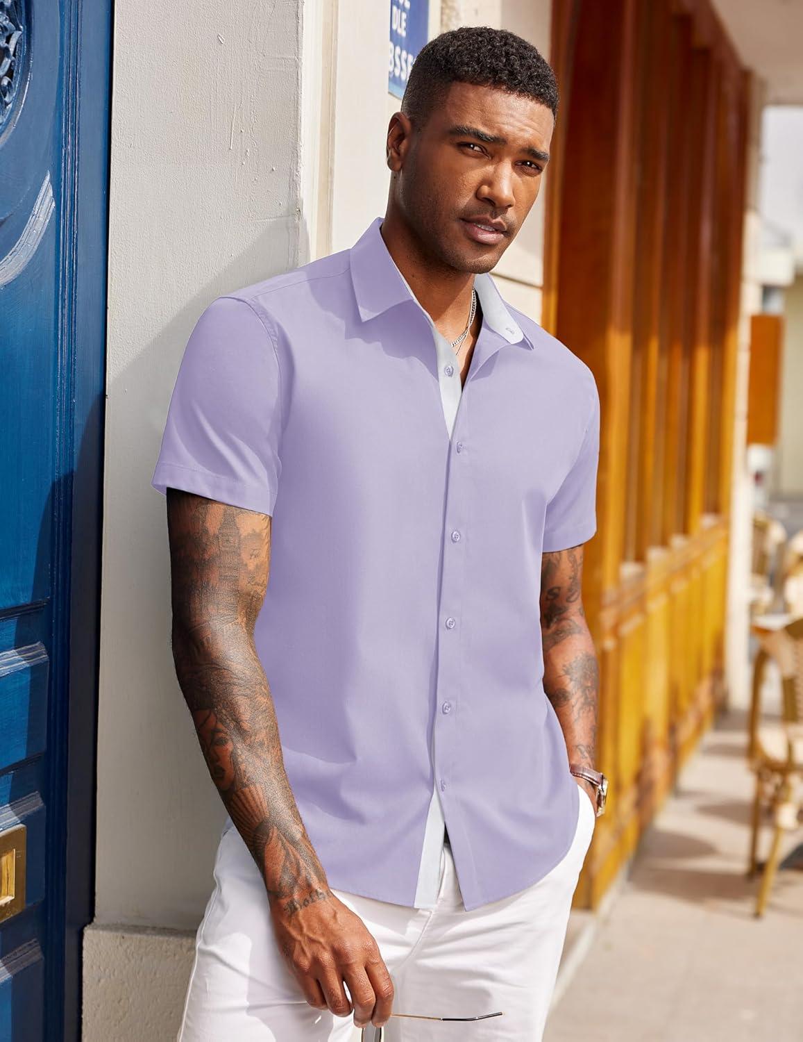 imageCOOFANDY Mens Short Sleeve Button Down Shirts Casual Summer Dress Untucked ShirtsLilac