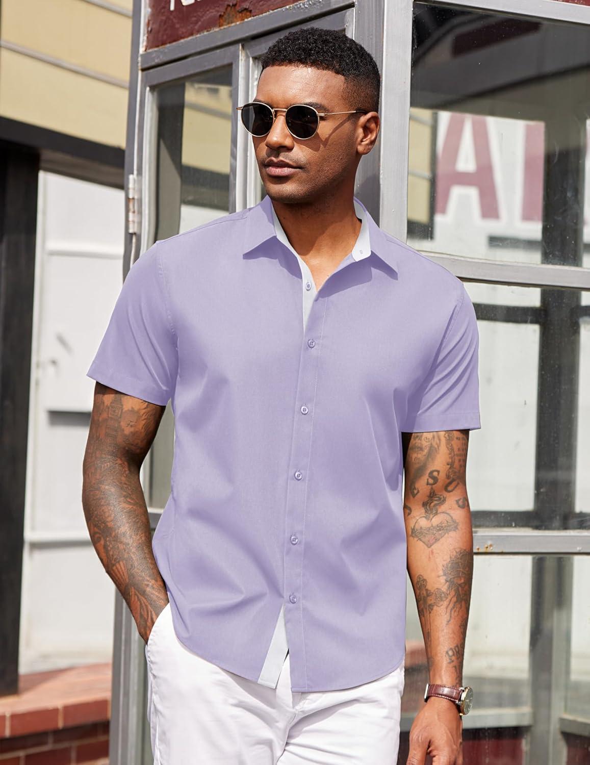 imageCOOFANDY Mens Short Sleeve Button Down Shirts Casual Summer Dress Untucked ShirtsLilac