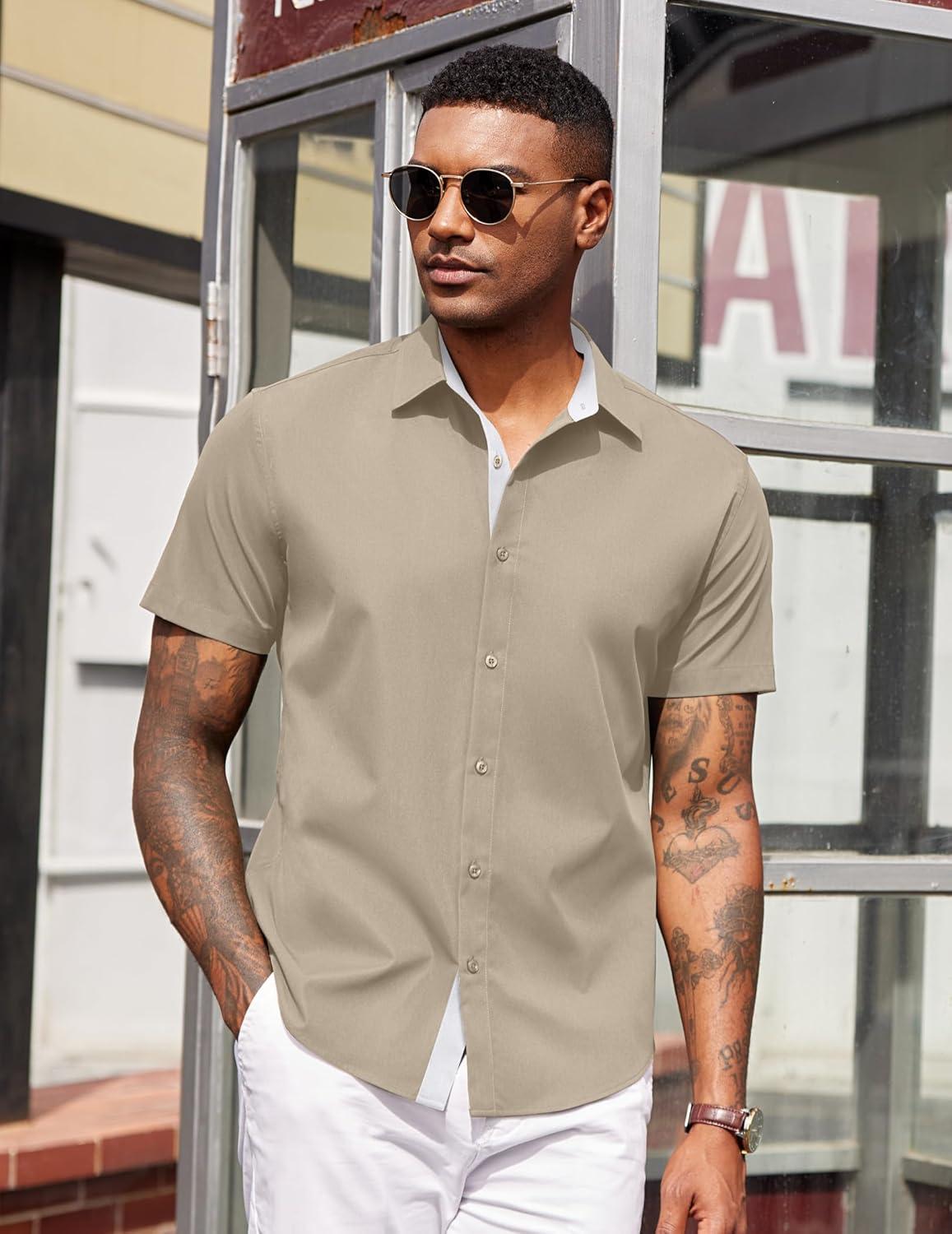 imageCOOFANDY Mens Short Sleeve Button Down Shirts Casual Summer Dress Untucked ShirtsMoon Grey
