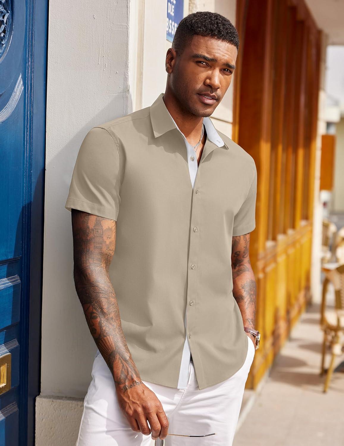 imageCOOFANDY Mens Short Sleeve Button Down Shirts Casual Summer Dress Untucked ShirtsMoon Grey