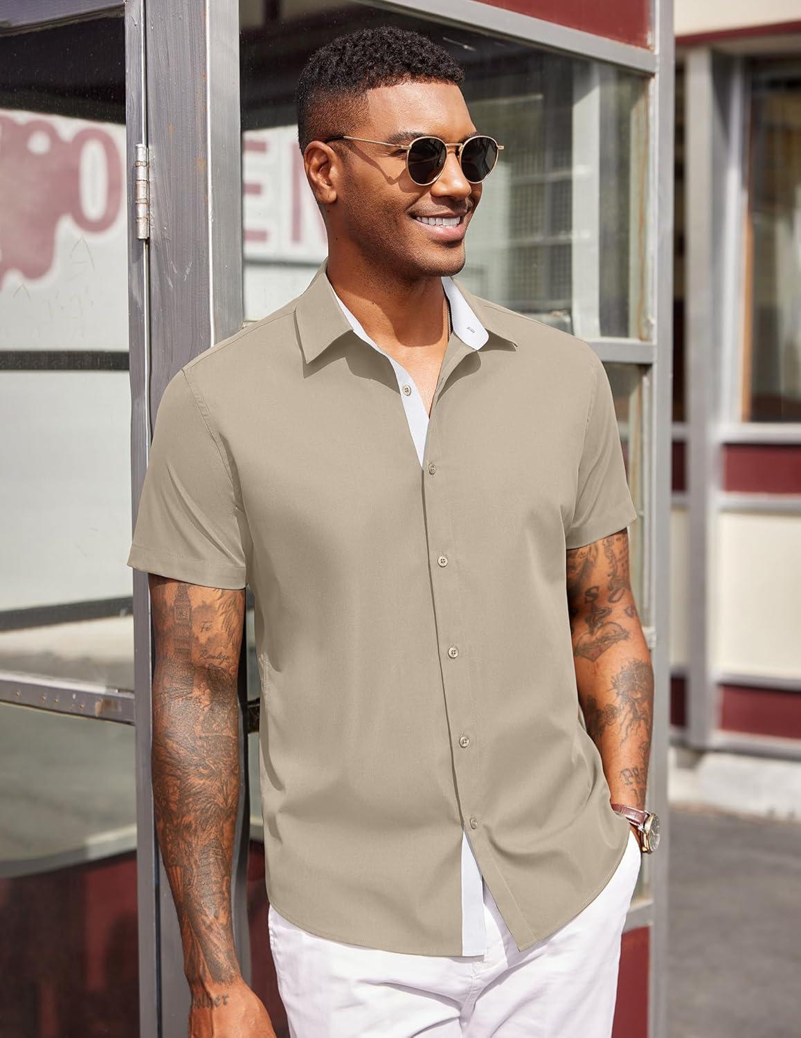 imageCOOFANDY Mens Short Sleeve Button Down Shirts Casual Summer Dress Untucked ShirtsMoon Grey