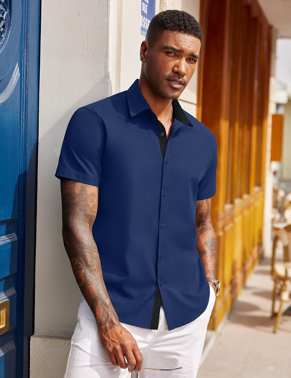 imageCOOFANDY Mens Short Sleeve Button Down Shirts Casual Summer Dress Untucked ShirtsNavy Blue