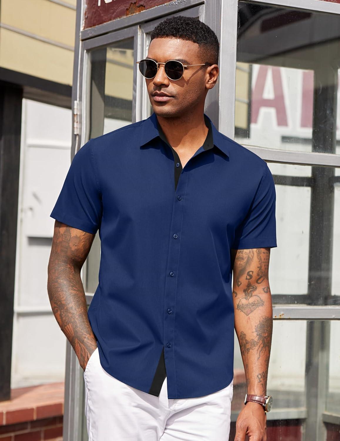 imageCOOFANDY Mens Short Sleeve Button Down Shirts Casual Summer Dress Untucked ShirtsNavy Blue