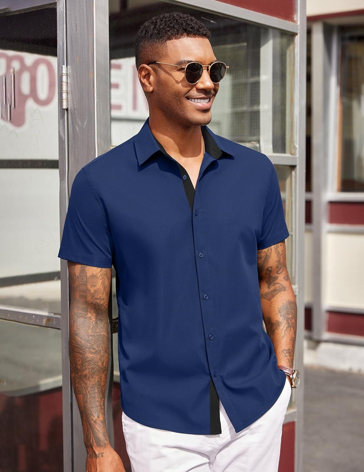 imageCOOFANDY Mens Short Sleeve Button Down Shirts Casual Summer Dress Untucked ShirtsNavy Blue