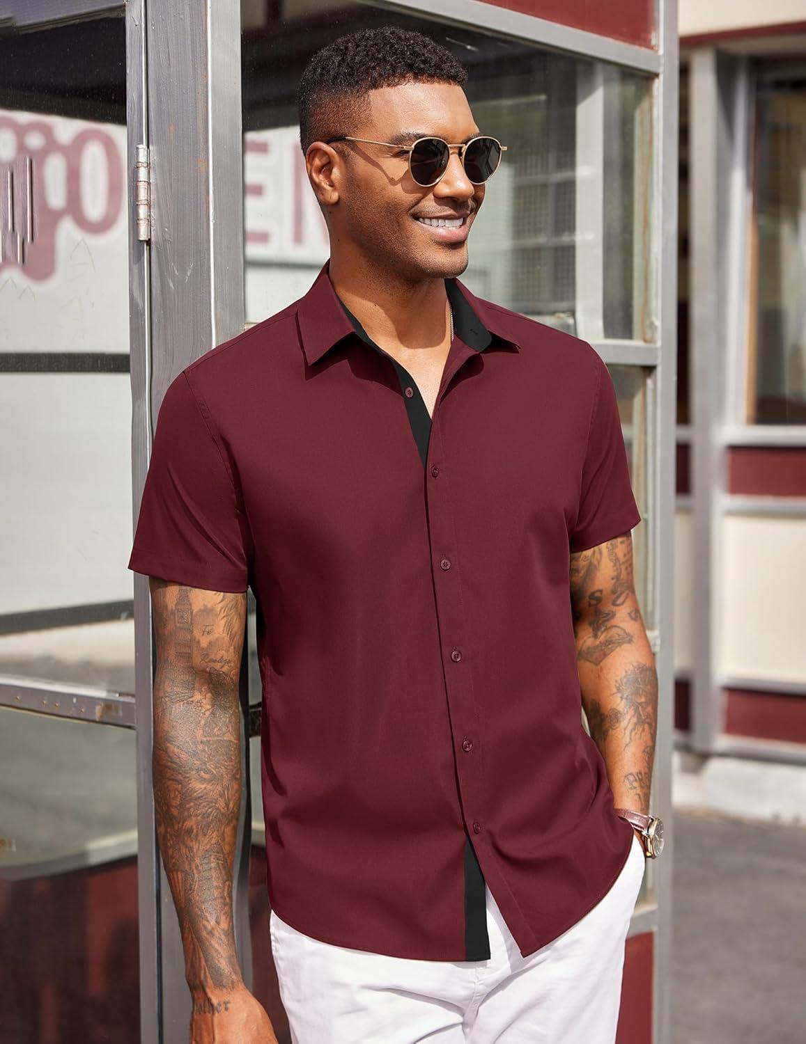imageCOOFANDY Mens Short Sleeve Button Down Shirts Casual Summer Dress Untucked ShirtsRed