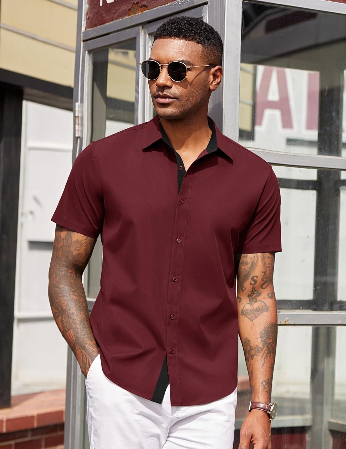 imageCOOFANDY Mens Short Sleeve Button Down Shirts Casual Summer Dress Untucked ShirtsRed