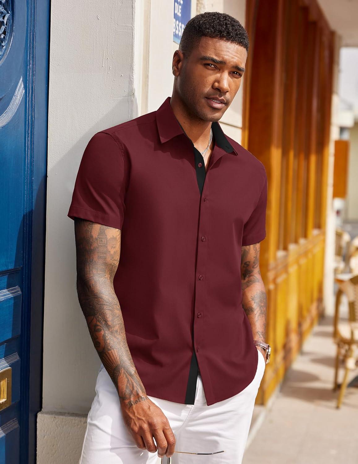 imageCOOFANDY Mens Short Sleeve Button Down Shirts Casual Summer Dress Untucked ShirtsRed