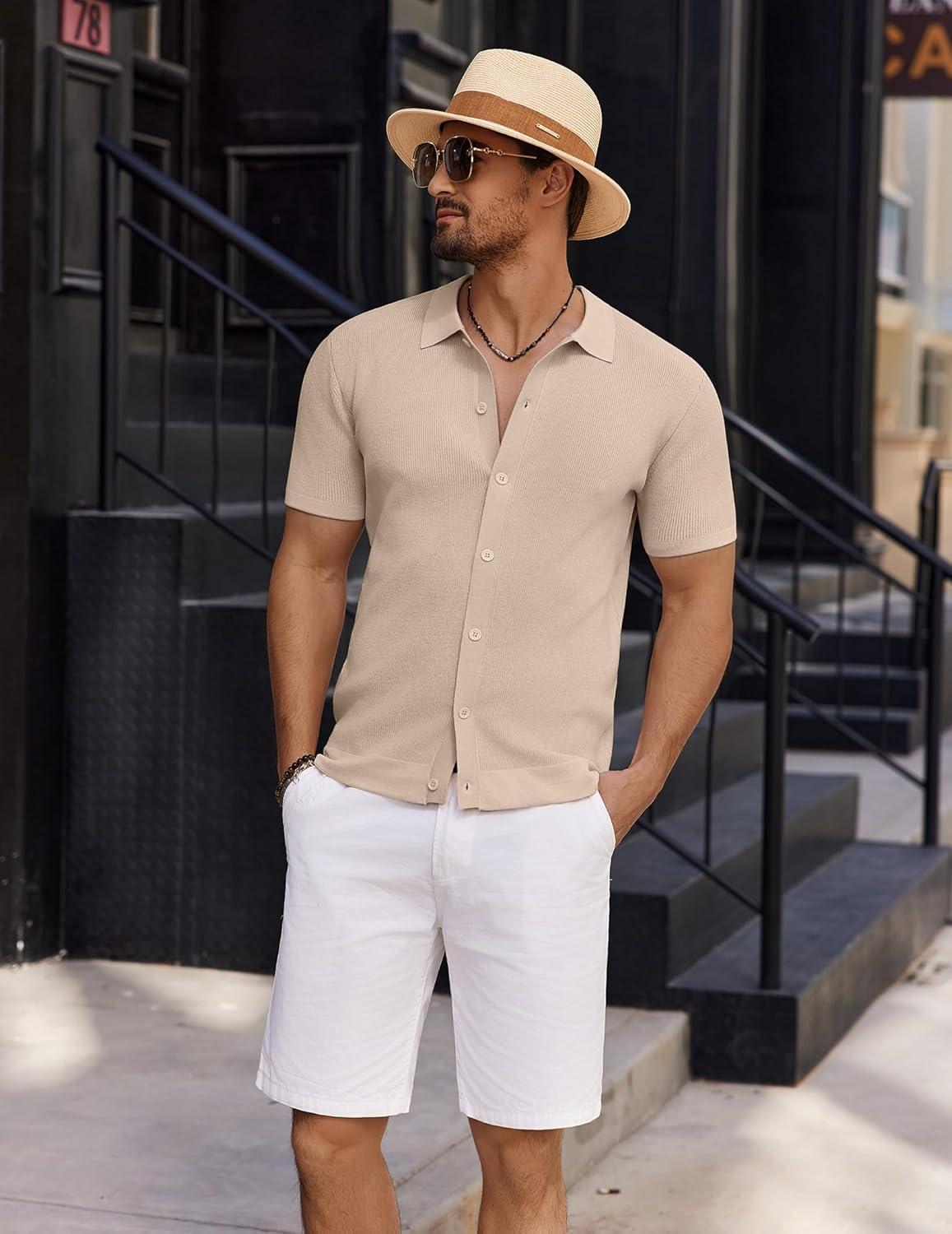imageCOOFANDY Mens Vintage Knit Shirt Short Sleeve Button Down Polo Shirts for Summer Casual ampamp VacationKhaki