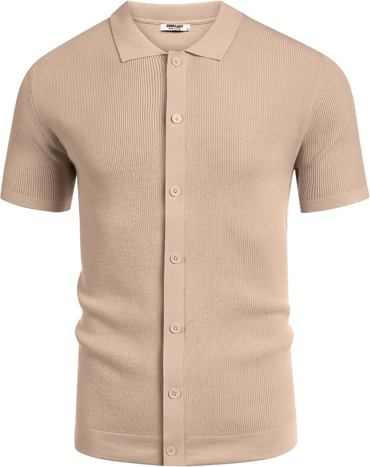 imageCOOFANDY Mens Vintage Knit Shirt Short Sleeve Button Down Polo Shirts for Summer Casual ampamp VacationKhaki