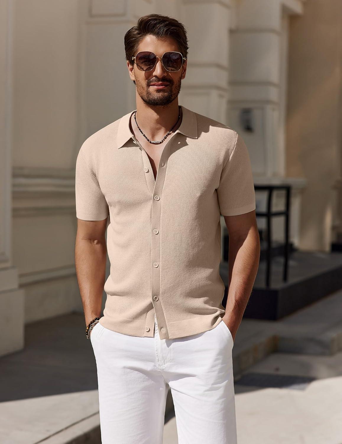 imageCOOFANDY Mens Vintage Knit Shirt Short Sleeve Button Down Polo Shirts for Summer Casual ampamp VacationKhaki