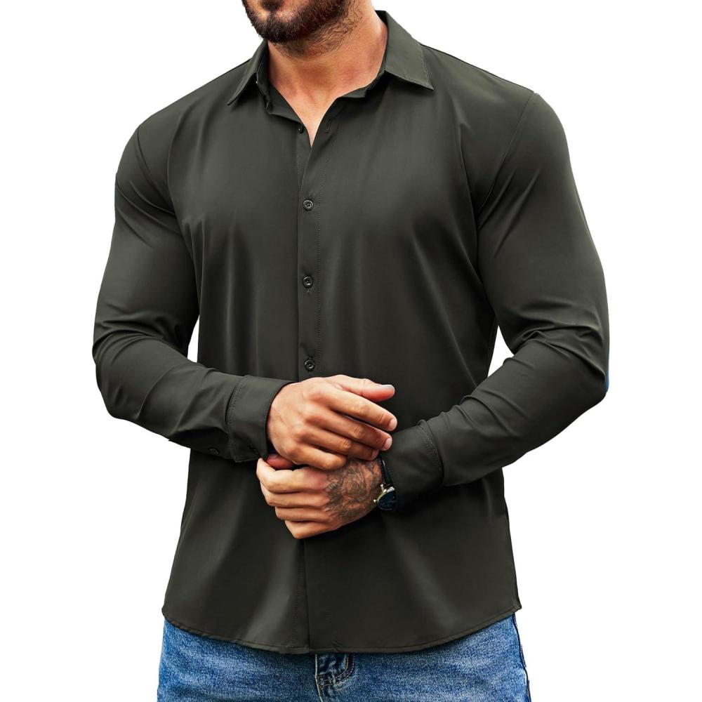 imageCOOFANDY Mens Business Casual Shirt Long Sleeve Dress Shirts Stretch Solid Button Down Shirt Dark Green