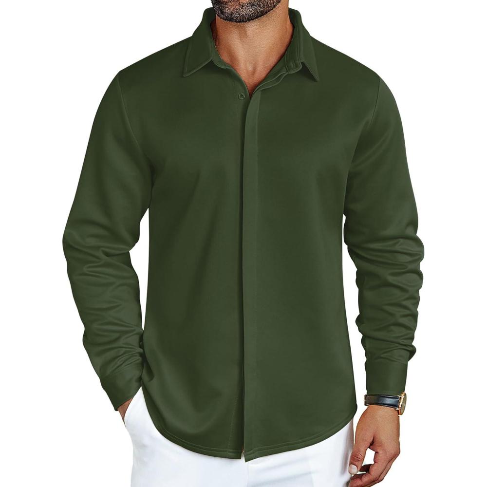 imageCOOFANDY Mens Casual Long Sleeve Shirts Wrinkle Free Button Down Shirt Business Casual Shirt Dark Green Large
