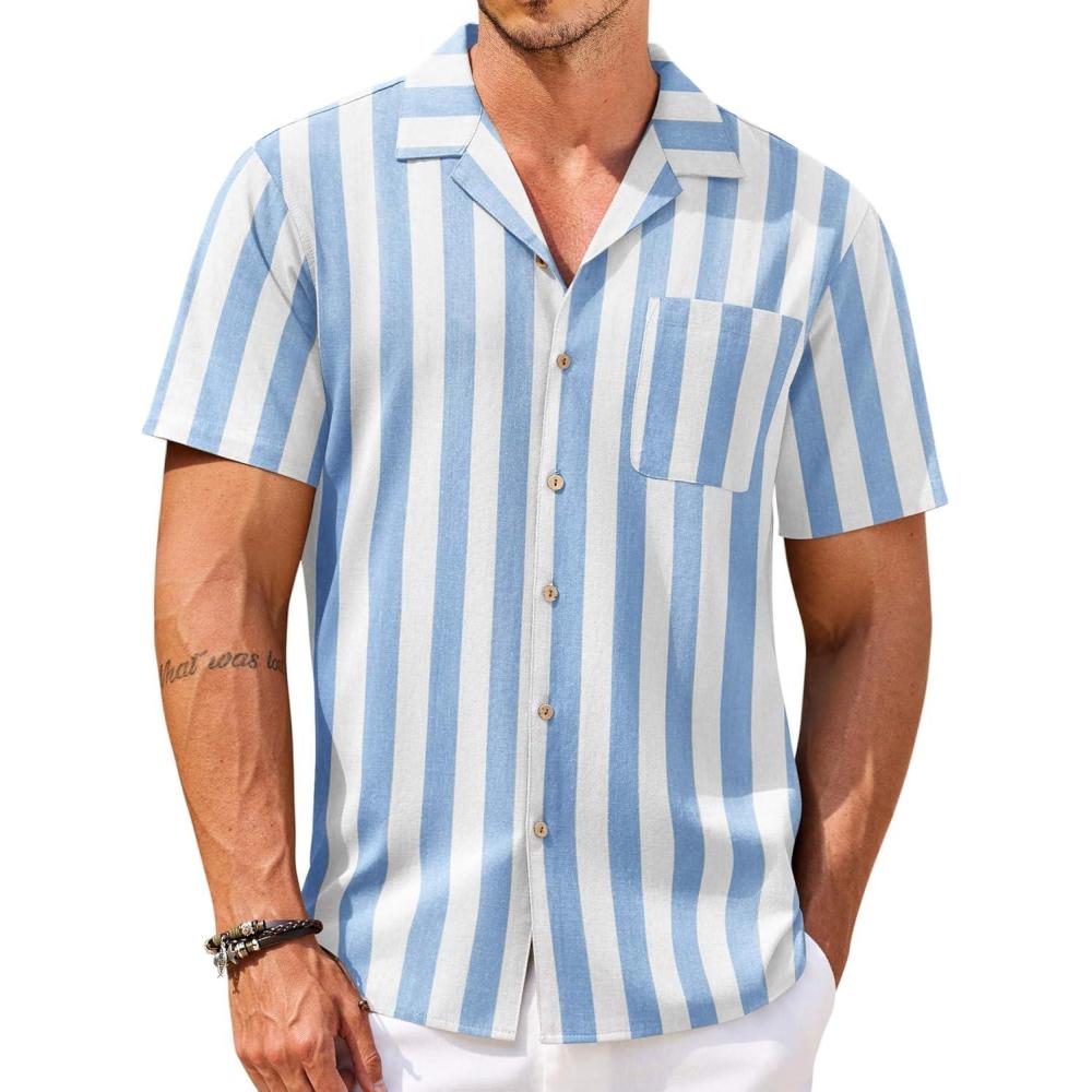 imageCOOFANDY Mens Hawaiian Floral Shirts Cotton Linen Button Down Tropical Holiday Beach ShirtsA Sky Blue