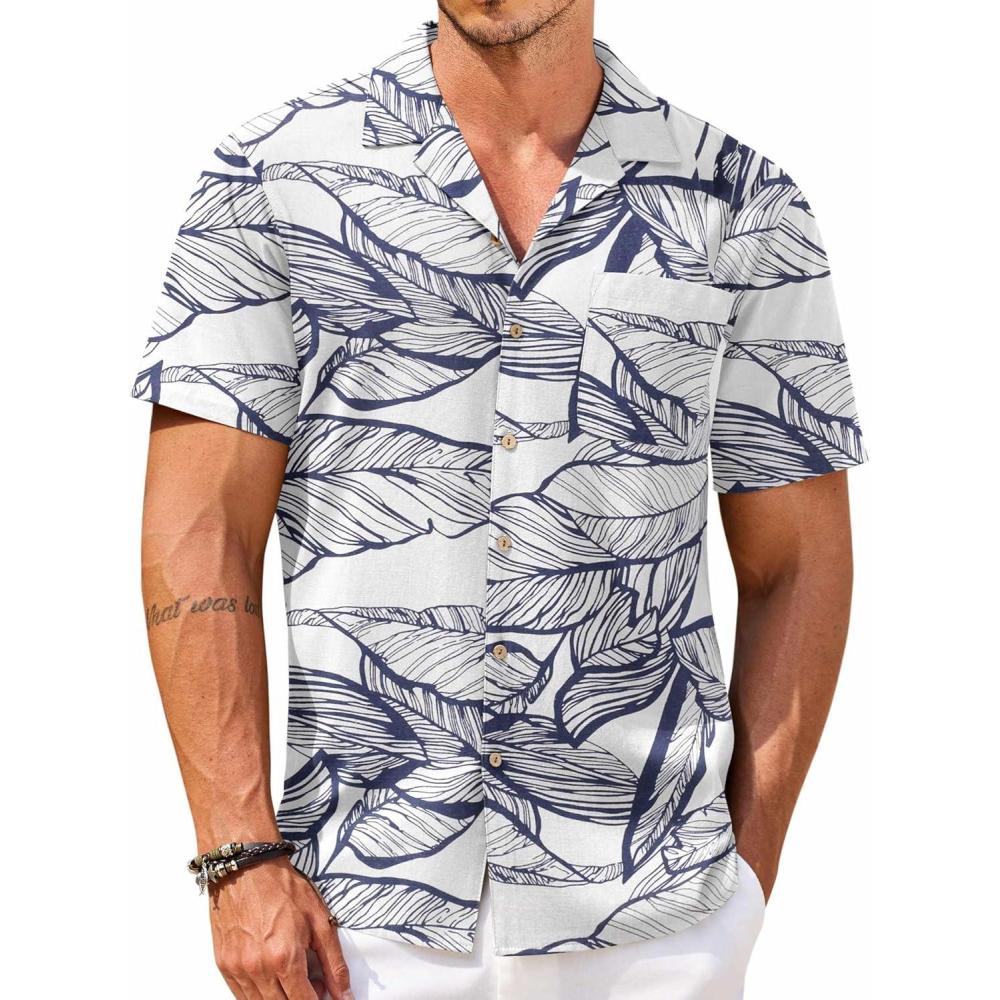 imageCOOFANDY Mens Hawaiian Floral Shirts Cotton Linen Button Down Tropical Holiday Beach ShirtsNavy Floralwhite