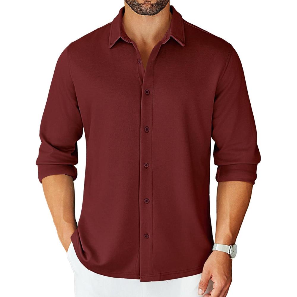 imageCOOFANDY Mens Long Sleeve Wrinkle Free Shirts Stretch Dress Shirts Regular Fit Button Down ShirtWine Red