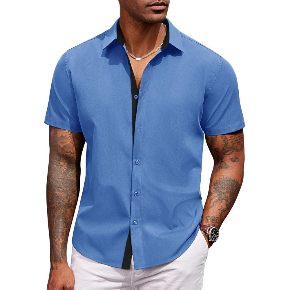 imageCOOFANDY Mens Short Sleeve Button Down Shirts Casual Summer Dress Untucked ShirtsBlue