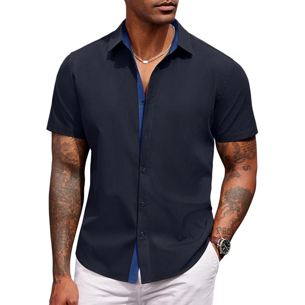 imageCOOFANDY Mens Short Sleeve Button Down Shirts Casual Summer Dress Untucked ShirtsDeep Blue