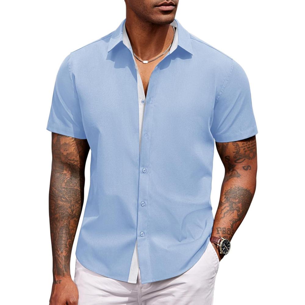 imageCOOFANDY Mens Short Sleeve Button Down Shirts Casual Summer Dress Untucked ShirtsLight Blue