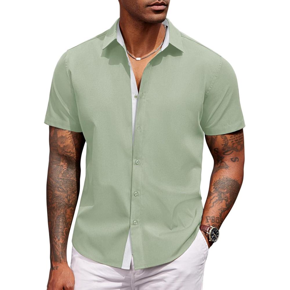 imageCOOFANDY Mens Short Sleeve Button Down Shirts Casual Summer Dress Untucked ShirtsLight Green