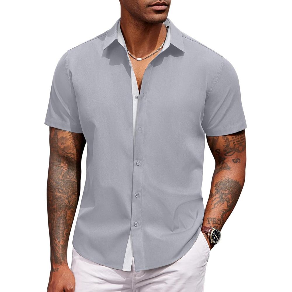 imageCOOFANDY Mens Short Sleeve Button Down Shirts Casual Summer Dress Untucked ShirtsLight Grey