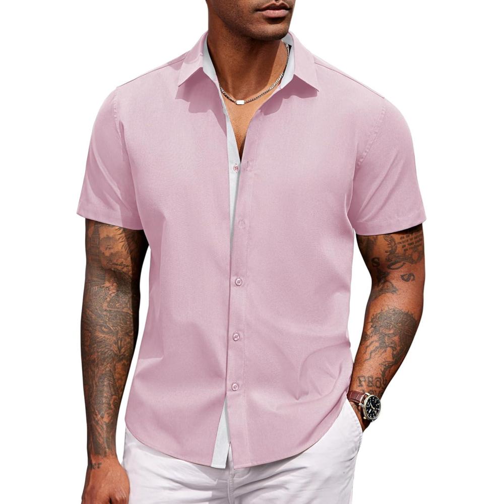 imageCOOFANDY Mens Short Sleeve Button Down Shirts Casual Summer Dress Untucked ShirtsLight Pink