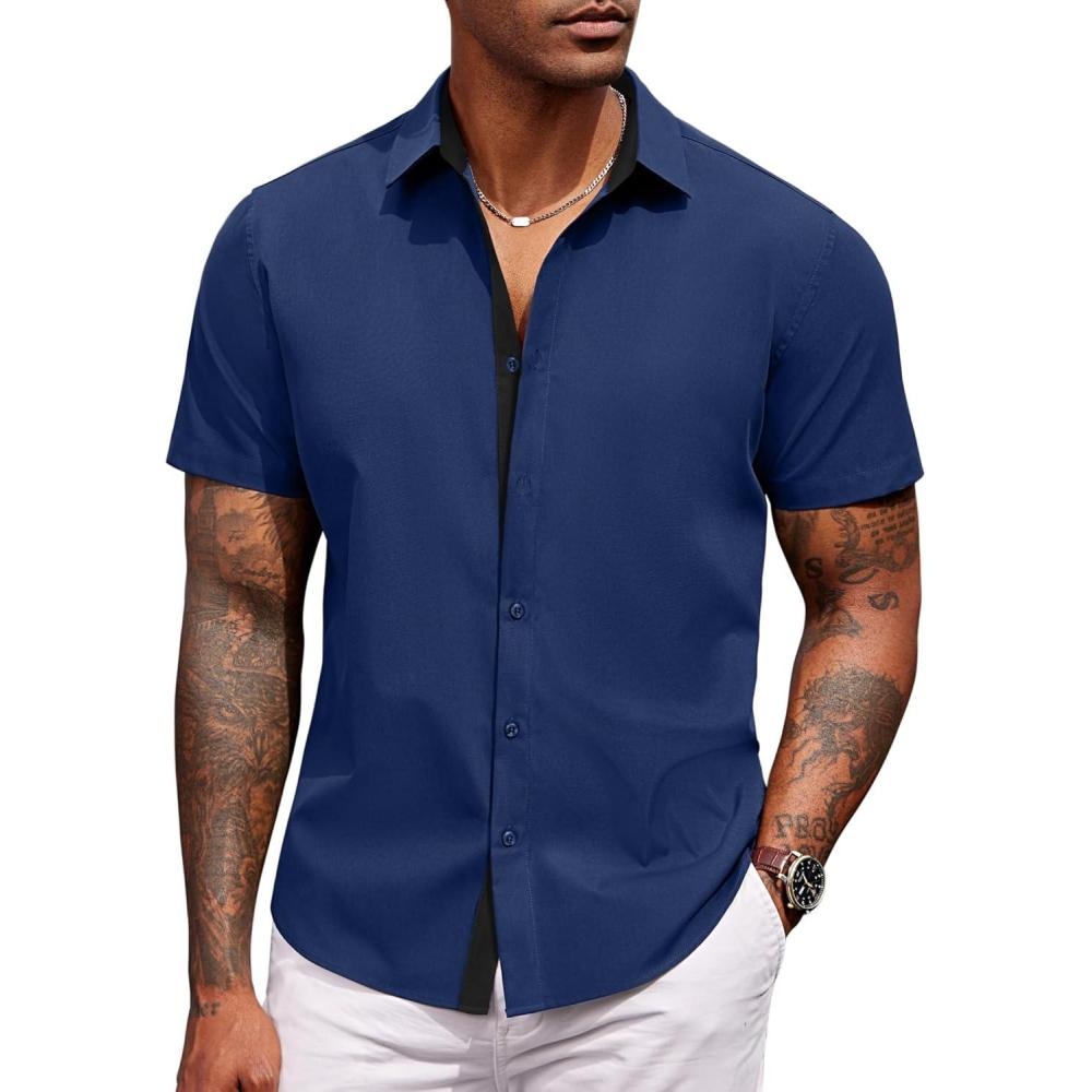imageCOOFANDY Mens Short Sleeve Button Down Shirts Casual Summer Dress Untucked ShirtsNavy Blue