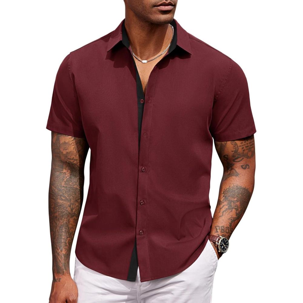 imageCOOFANDY Mens Short Sleeve Button Down Shirts Casual Summer Dress Untucked ShirtsRed