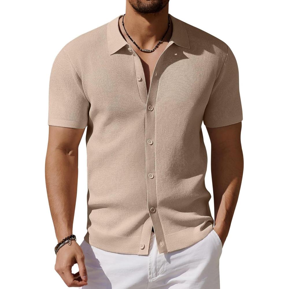 imageCOOFANDY Mens Vintage Knit Shirt Short Sleeve Button Down Polo Shirts for Summer Casual ampamp VacationKhaki
