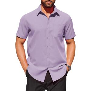 COOFANDY Casual Dress Shirts for Men Wrinkle Free Short Sleeve Shirts Button Up Summer Clothes Purple