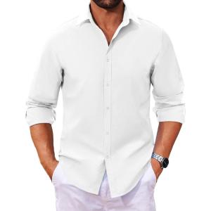 COOFANDY Casual Untucked Shirts for Men Long Sleeve Button Down Shirts White Regular Fit Shirt