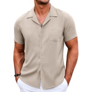 COOFANDY Men’s Casual Button Down Shirts Short Sleeve Summer Beach Shirt Cuban Vacation Textured Shirts with Pocket(Khaki)