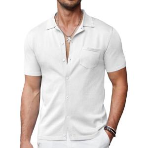 COOFANDY Mens Short Sleeve Knit Shirts Button Down Vintage Polo Casual Beach Shirts(White)