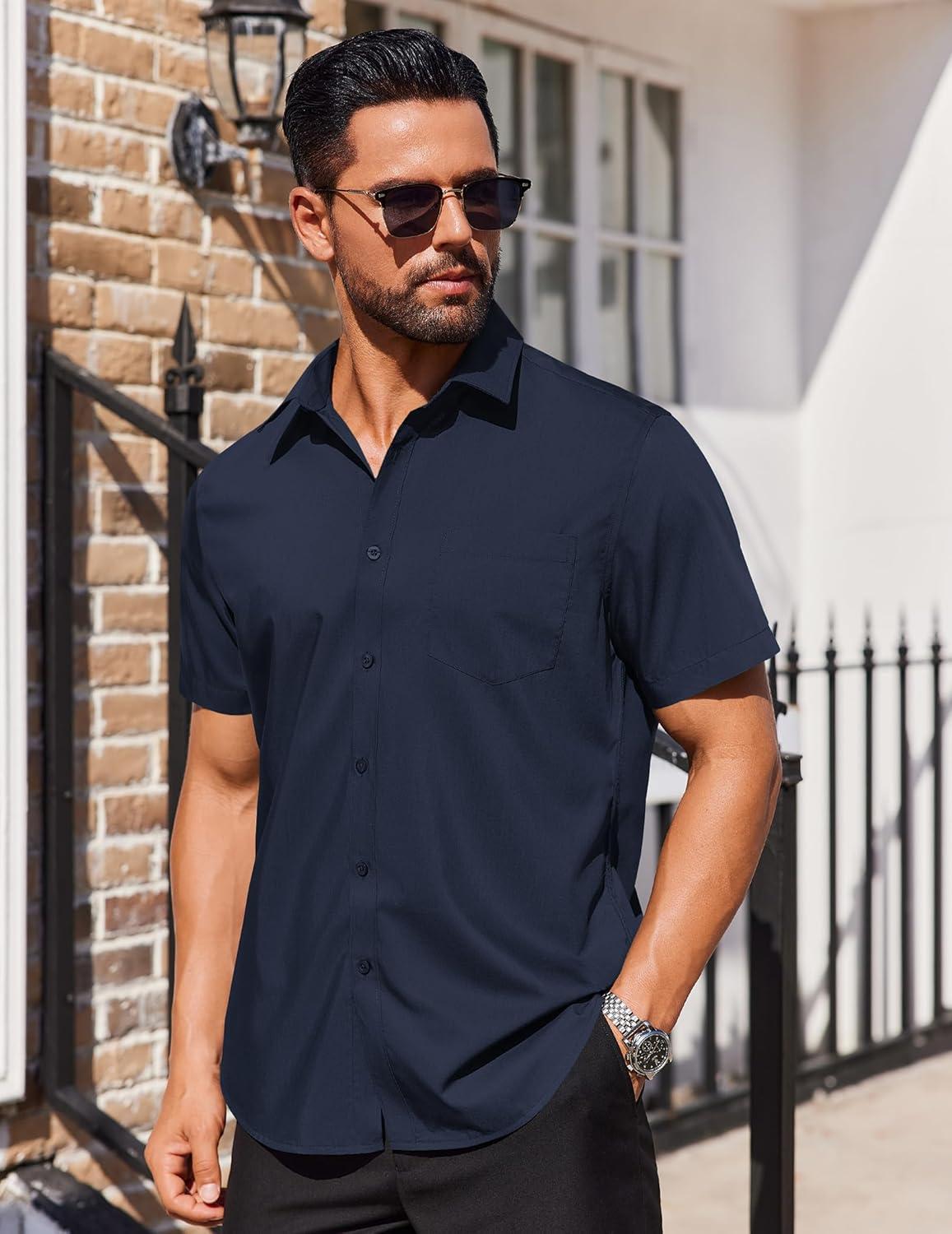 imageCOOFANDY Mens Casual Dress Shirts Short Sleeve Button Down Shirts Summer Untucked Dress Shirts with Pocket Dark Navy Large