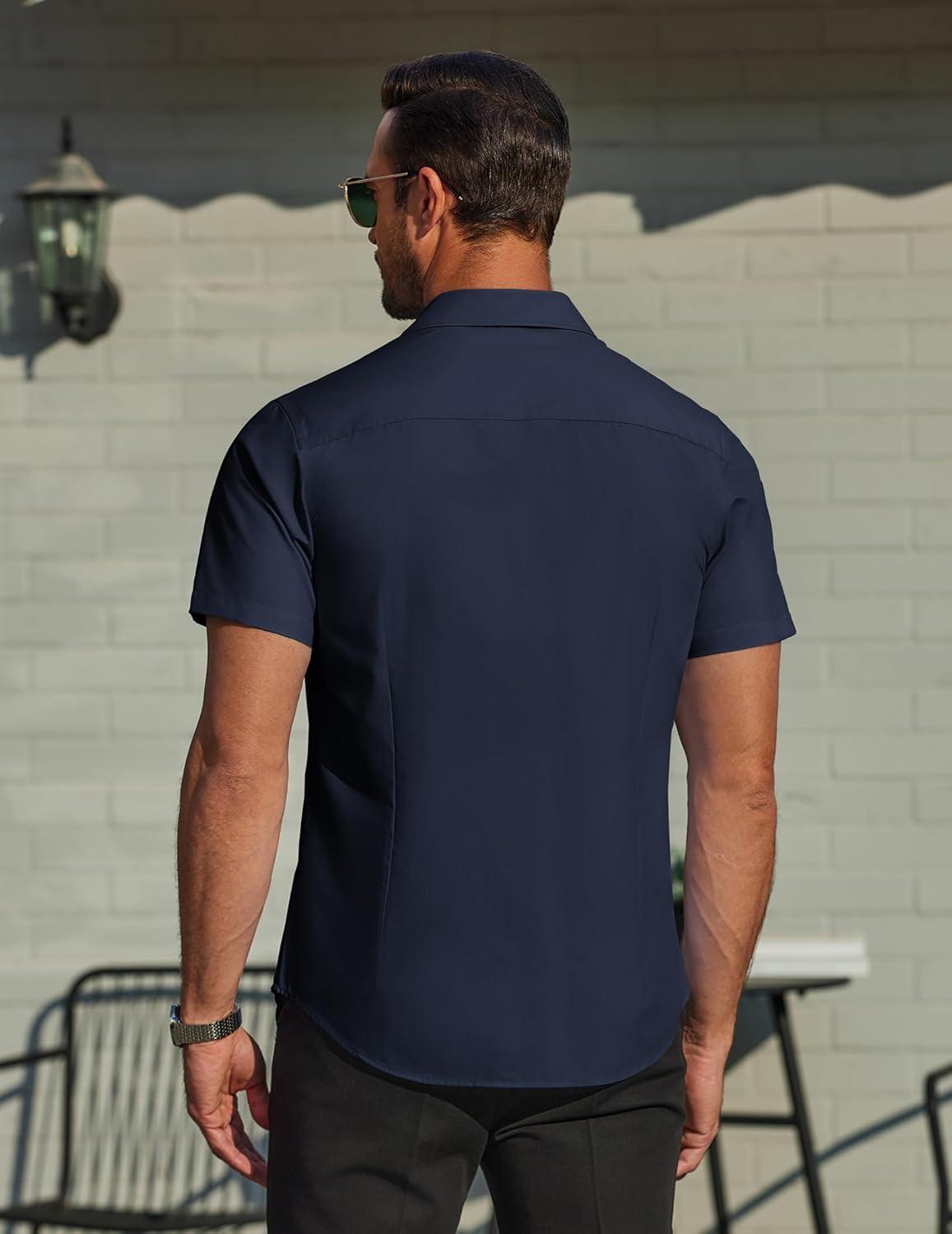 imageCOOFANDY Mens Casual Dress Shirts Short Sleeve Button Down Shirts Summer Untucked Dress Shirts with Pocket Dark Navy Large