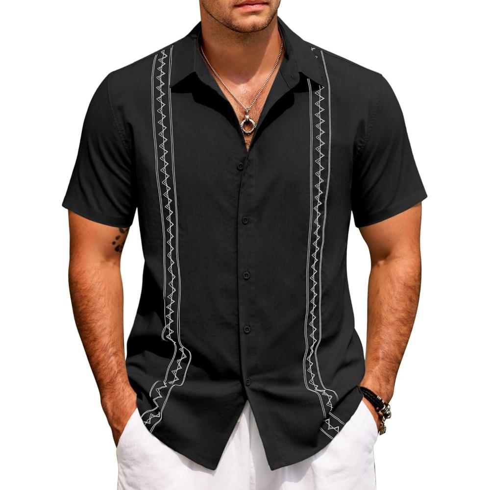 imageCOOFANDY Cuban Guayabera Shirts for Men Short Sleeve Casual Button Down Shirts Summer Vacation ShirtsBlack