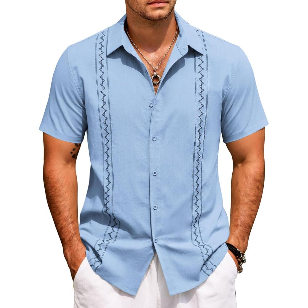 imageCOOFANDY Cuban Guayabera Shirts for Men Short Sleeve Casual Button Down Shirts Summer Vacation ShirtsLight Blue