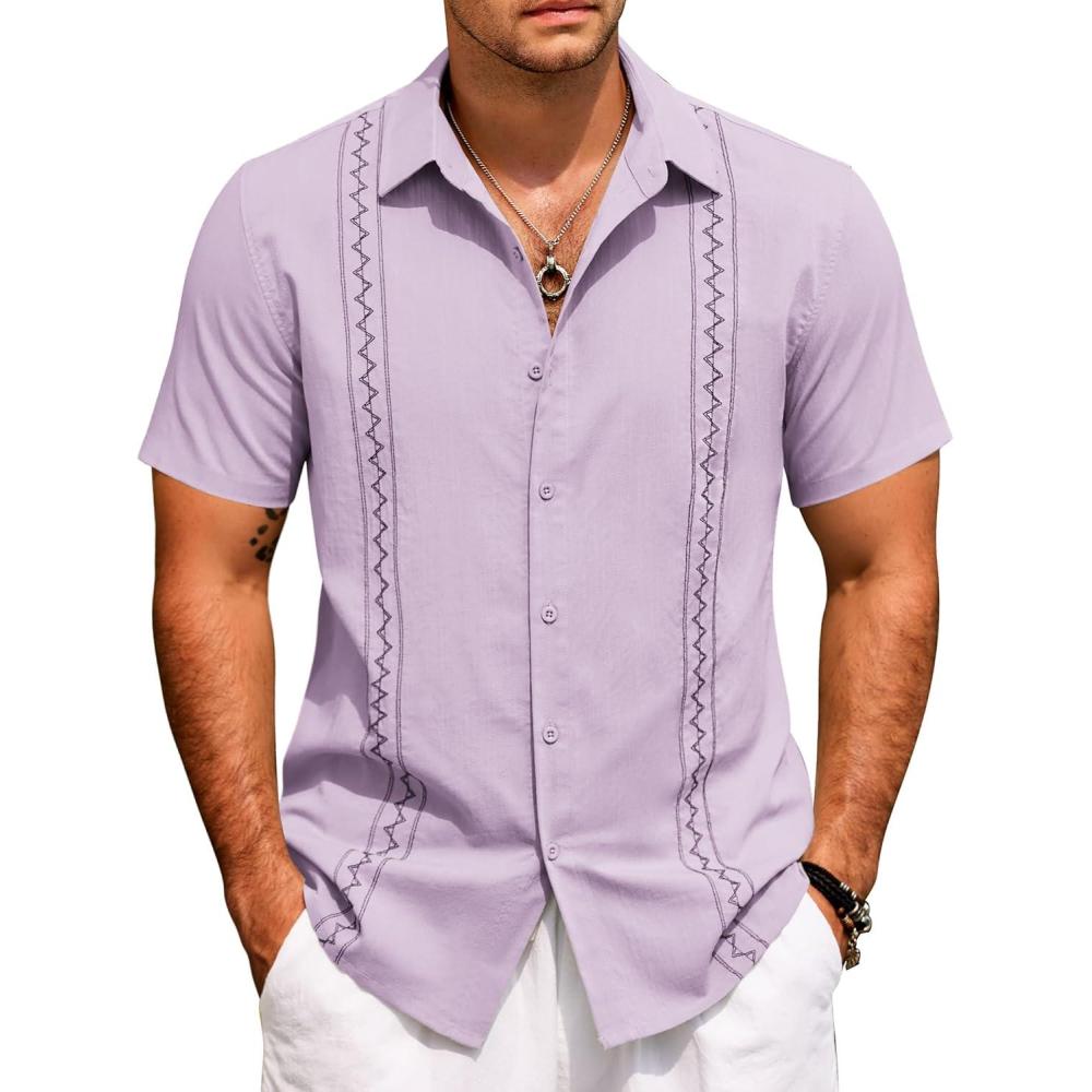 imageCOOFANDY Cuban Guayabera Shirts for Men Short Sleeve Casual Button Down Shirts Summer Vacation ShirtsLilac