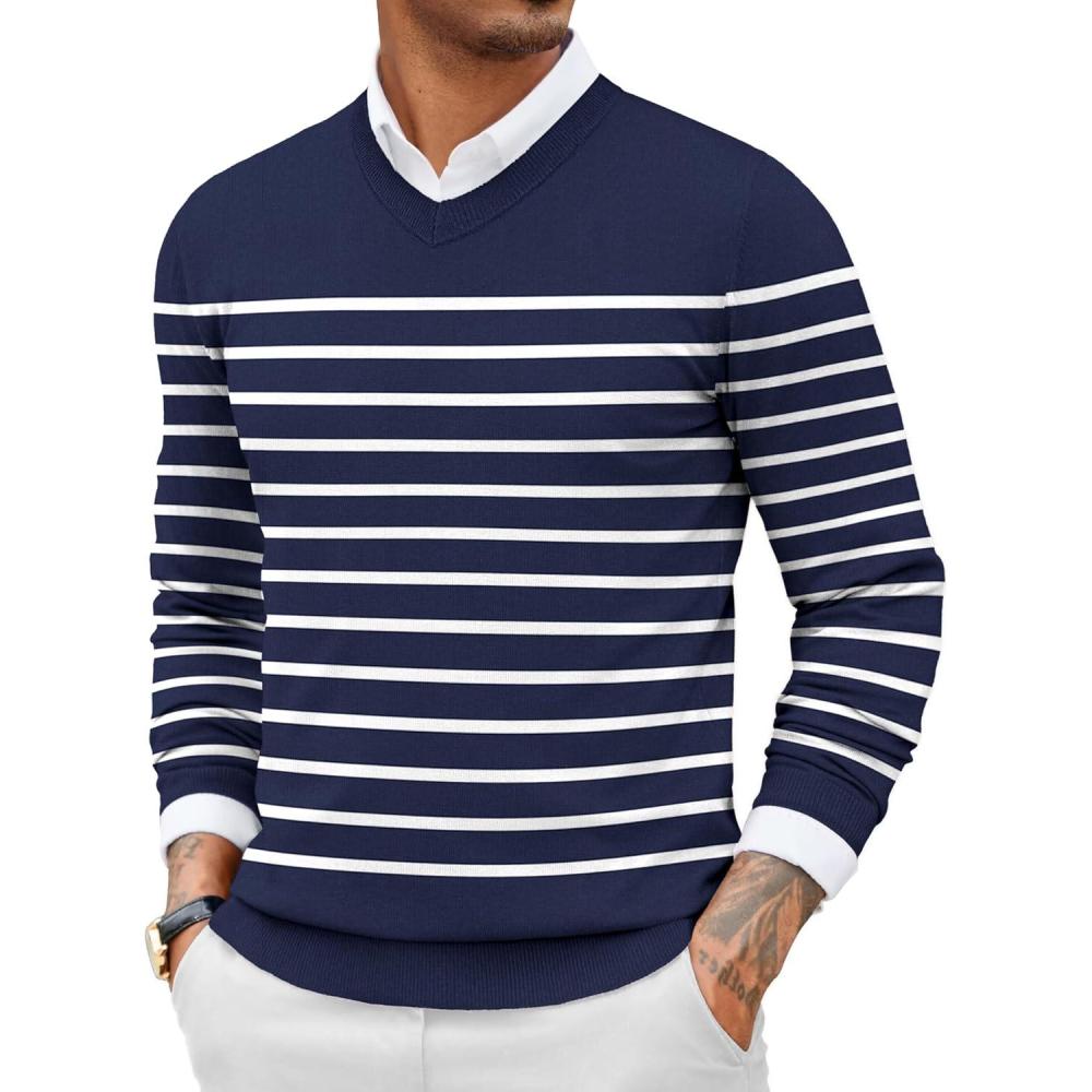 imageCOOFANDY Men Casual V Neck Sweater Ribbed Knit Slim Fit Long Sleeve Pullover TopNavywhite