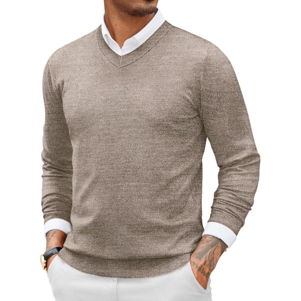 imageCOOFANDY Men Casual V Neck Sweater Ribbed Knit Slim Fit Long Sleeve Pullover TopPat17