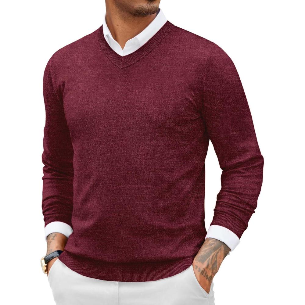 imageCOOFANDY Men Casual V Neck Sweater Ribbed Knit Slim Fit Long Sleeve Pullover TopPat18