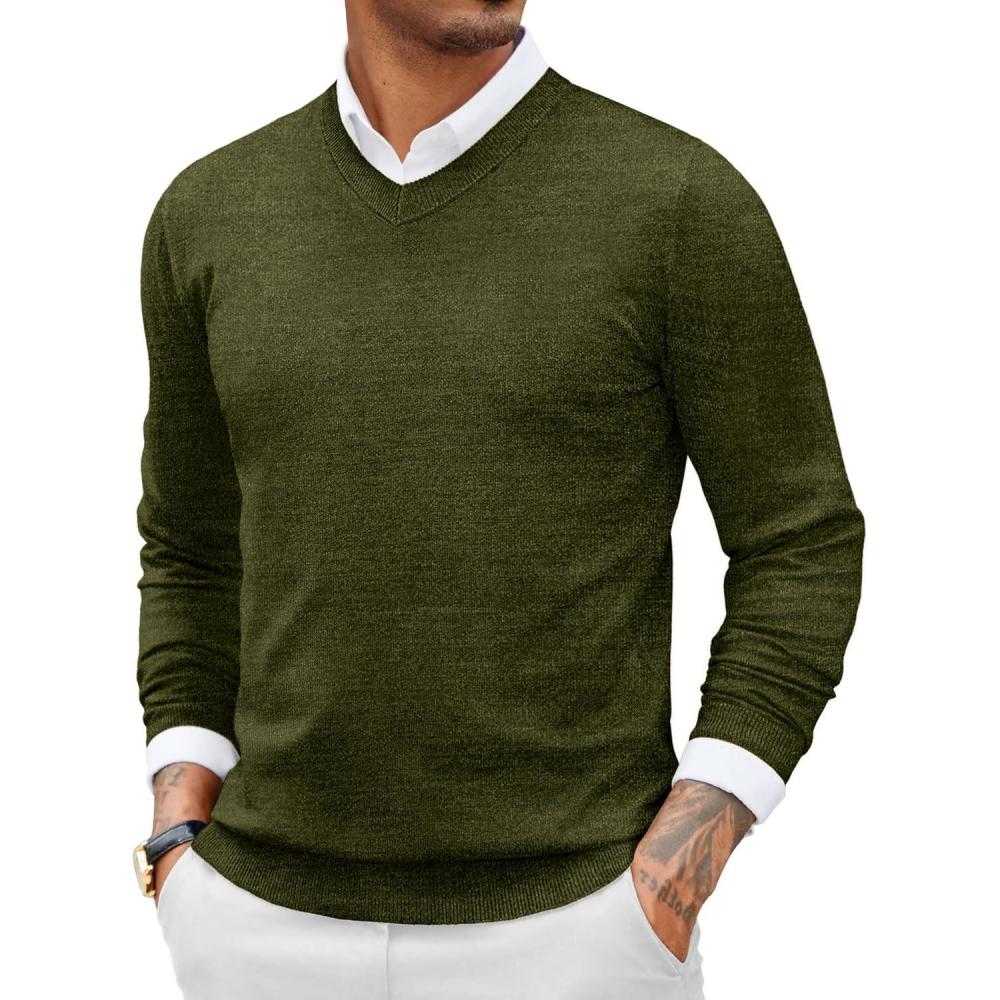 imageCOOFANDY Men Casual V Neck Sweater Ribbed Knit Slim Fit Long Sleeve Pullover TopPat19