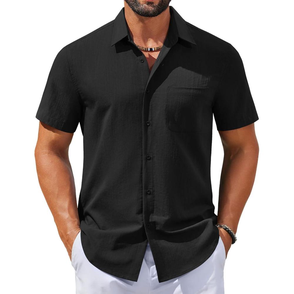 imageCOOFANDY Mens Button Down Shirts Casual Short Sleeve Linen Shirt Summer Beach Shirt with PocketBlack