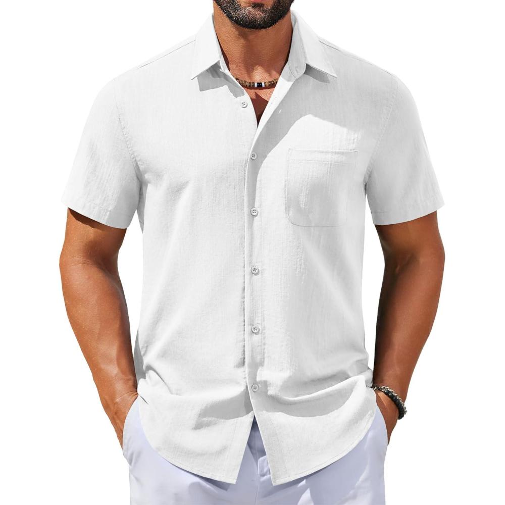 imageCOOFANDY Mens Button Down Shirts Casual Short Sleeve Linen Shirt Summer Beach Shirt with PocketWhite