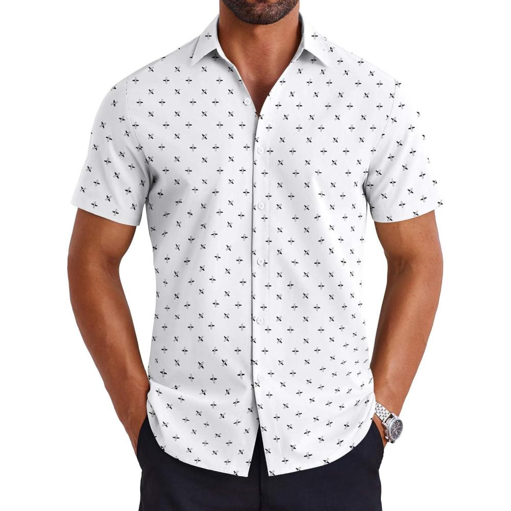 imageCOOFANDY Mens Button Down Shirts Short Sleeve Casual Shirt Summer Untucked Dress ShirtsGeometric White